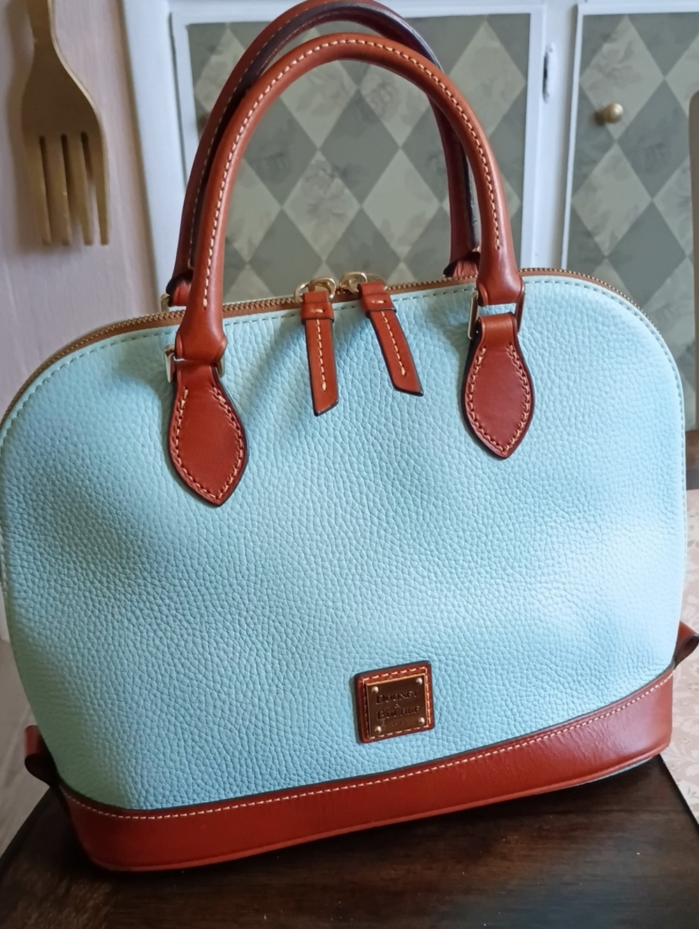 Dooney Zip Zip Pale Blue Pebble Leather Domed Satchel